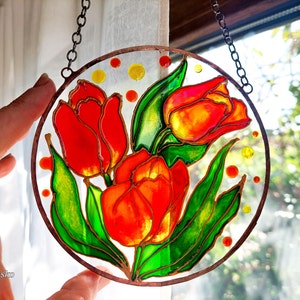 Tulips Stained Glass Sun Catcher. Daisies, Sunflower Hand Painting Window Hanging. Unique Gift for Mom. Flowers Wedding Sun catchers