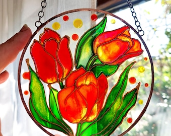 Tulips Stained Glass Sun Catcher. Daisies, Sunflower Hand Painting Window Hanging. Unique Gift for Mom. Flowers Wedding Sun catchers