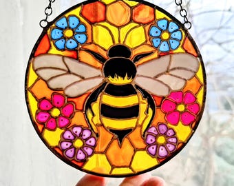 Hand-Painted Bee and Flowers Stained Glass Suncatcher. Honeycomb Window Hanging. Beekeeper Keepsake