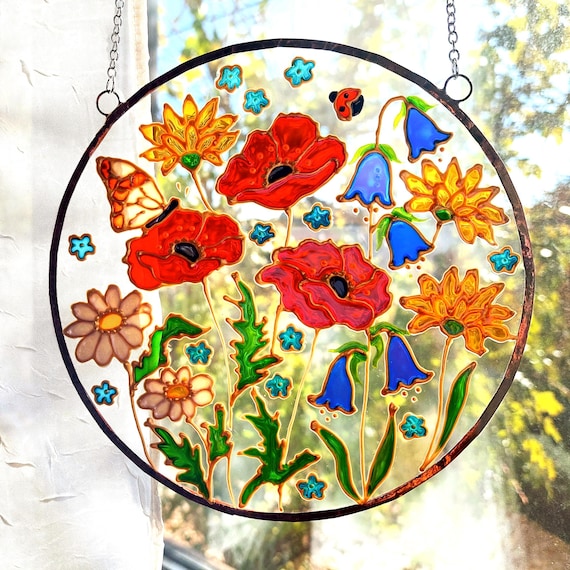 Floral Stained Glass Suncatcher, Hand Painted Botanical Glass Panel, Elegant Window Hanging, Premium Home Decor, Gift for Her, Glass Art