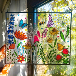 Wildflowers Sun catcher. Hand Painted Stained Glass Window Hanging. Lupine, Daisies, Clover Stained glass painting. Hand Painting on glass