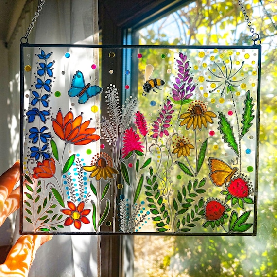 Wildflowers Sun Catcher. Hand Painted Stained Glass Window Hanging. Lupine,  Daisies, Clover Stained Glass Painting. Hand Painting on Glass 