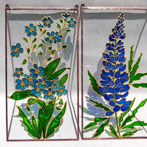 Forget-me-nots Stained Glass Painting Sun Catcher. Colorful Window Hanging. Wedding Flower Gift. Blue Wildflower Window Decor. Aquilegia image 8