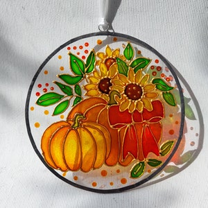 Pumpkin and Sunflower Sun catcher. Colorful Autumn Window Decor. Stained Glass Window Hanging. Hand-Painted Sun catcher. Gift for mom Bild 4