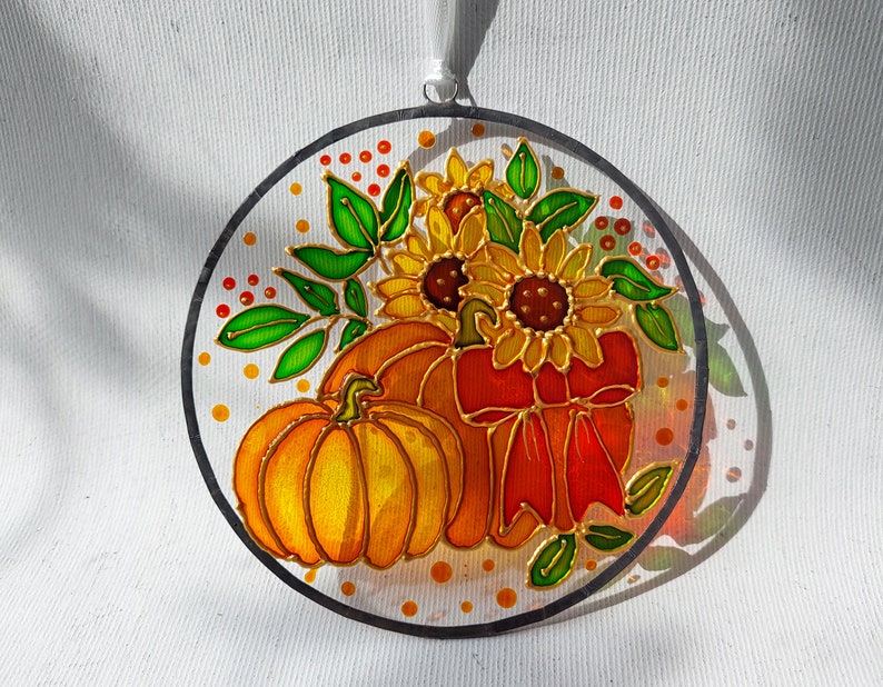 Pumpkin and Sunflower Sun catcher. Colorful Autumn Window Decor. Stained Glass Window Hanging. Hand-Painted Sun catcher. Gift for mom Bild 4