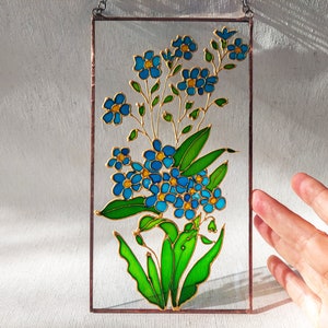 Forget-me-nots Stained Glass Painting Sun Catcher. Colorful Window Hanging. Wedding Flower Gift. Blue Wildflower Window Decor. Aquilegia image 5