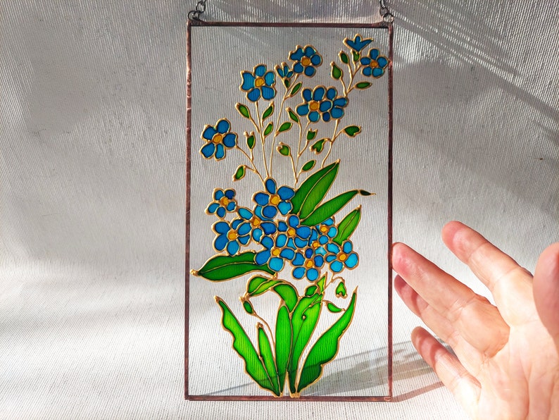 Forget-me-nots Stained Glass Painting Sun Catcher. Colorful Window Hanging. Wedding Flower Gift. Blue Wildflower Window Decor. Aquilegia image 5