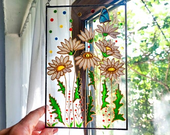 Daisies and Poppies Sun catchers. Stained Glass Window Hangings. Hand Painting Stained glass. Butterfly Sun catcher. Gift for Mother