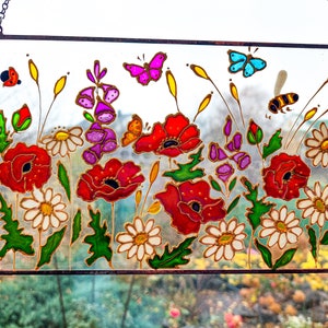 Stained Glass Hand Painted Wildflowers Sun Catcher with Poppies and Forget-me-nots. Flowers Window hanging. Unique Colorful Sun catchers image 10