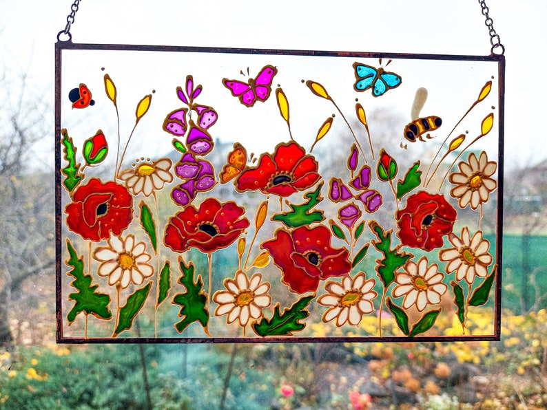 Stained Glass Hand Painted Wildflowers Sun Catcher with Poppies and Forget-me-nots. Flowers Window hanging. Unique Colorful Sun catchers image 10