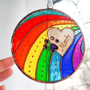 Personalized Rainbow Bridge Stained Glass Sun catcher. Rainbow Heart Paw Print Memorial Sun catcher. Hand Painted Pet Remembrance Gift