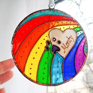 Rainbow Bridge Pet Memorial Suncatcher – Personalized Paw Print Stained Glass – Hand Painted Pet Loss Gift – Dog or Cat Remembrance Art