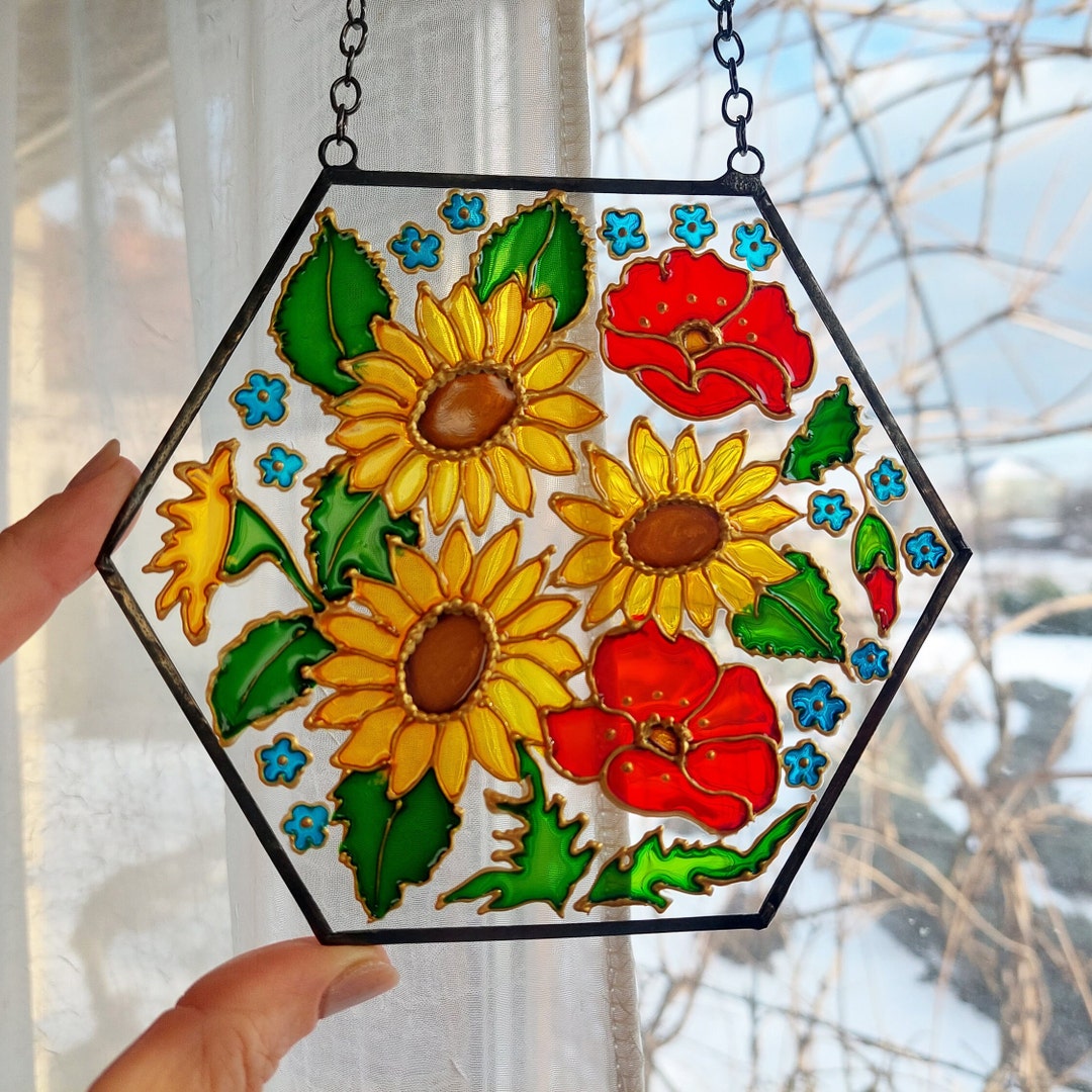 Sunflowers and Poppies Suncatcher. Hand Painted Stained Glass Art