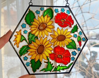 Sunflowers and Poppies Suncatcher. Hand painted Stained Glass Art. Flowers Window Hangings. Colorful Sun catcher. Gift for Mom.