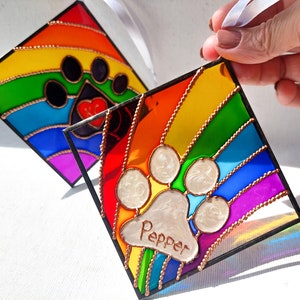 Rainbow Bridge Pet Memorial • Personalized Paw Print Stained Glass Suncatcher • Pet Loss Gift • Hand Painted Keepsake