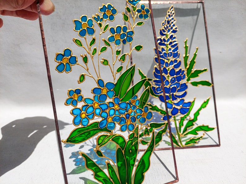 Forget-me-nots Stained Glass Painting Sun Catcher. Colorful Window Hanging. Wedding Flower Gift. Blue Wildflower Window Decor. Aquilegia image 7