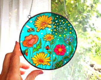 Wildflower Stained Glass Suncatcher, Hand Painted Floral Window Hanging, Botanical Glass Decor, Meadow Flower Sun Catcher, Nature Lover Gift