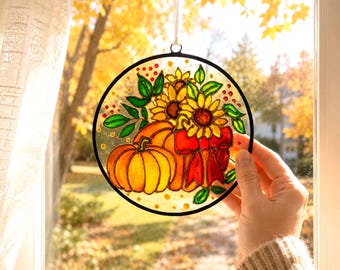 Fall Stained Glass Suncatcher, Hand Painted Sunflower Pumpkin Window Hanging, Autumn Farmhouse Decor, Thanksgiving Kitchen Window Decor
