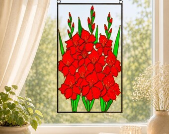 Red Gladiolus Stained Glass Suncatcher, Hand-Painted Floral Window Hanging, Garden Lover Gift