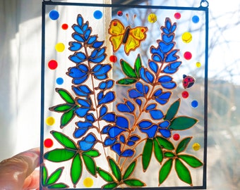 Texas Bluebonnet Stained Glass. Bee Glass Window Hanging. Garden Art. Unique Gift for Mom. Flowers Hand Painted Sun Catcher. Violets Gift