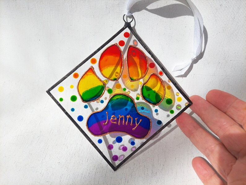 Rainbow Heart Paw Print Sun catcher. Hand Painted. Personalized Rainbow Bridge Pet memorial. Pet Loss Memorial Gift.