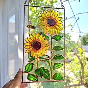 Sunflower Stained Glass Suncatcher - Hand Painted Window Hanging - Unique Gift for Mom - Botanical Floral SunCatcher Decor - Glass Wall Art