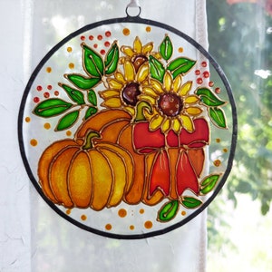 Pumpkin and Sunflower Sun catcher. Colorful Autumn Window Decor. Stained Glass Window Hanging. Hand-Painted Sun catcher. Gift for mom image 3