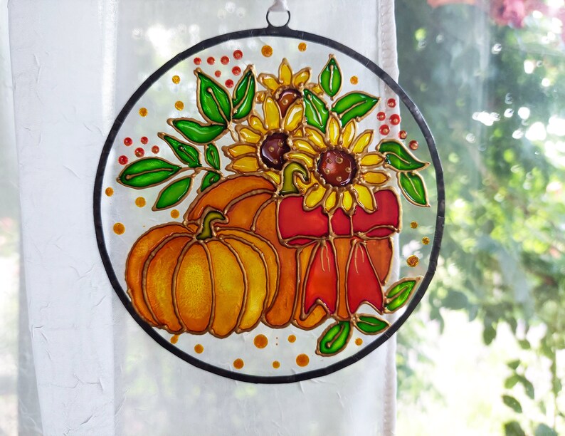 Pumpkin and Sunflower Sun catcher. Colorful Autumn Window Decor. Stained Glass Window Hanging. Hand-Painted Sun catcher. Gift for mom Bild 3