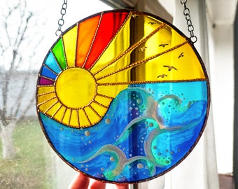 Sea and Seagulls Sun Catcher. Hand Painted on Glass. Beach House Gift. Sunset and Waves, Rainbow Sun catcher. Stained Glass Window hanging