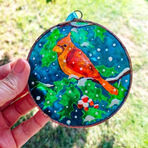 Unique Stained Glass Cardinal Sun catchers. Original Christmas Tree Decor. Personalized Christmas Ornament Set. Hand Painting Window Hanging #1