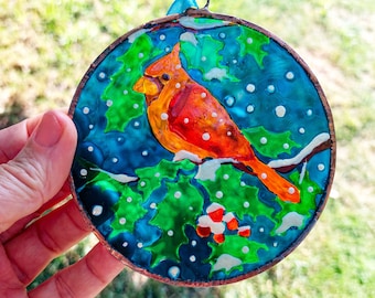 Unique Stained Glass Cardinal Sun catchers. Original Christmas Tree Decor. Personalized Christmas Ornament Set. Hand Painting Window Hanging