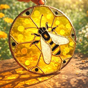 May include: A stained glass suncatcher featuring a bee design. The round suncatcher has a yellow honeycomb background with a black and yellow bee in the center. The suncatcher is held up in front of a blurred background of flowers.