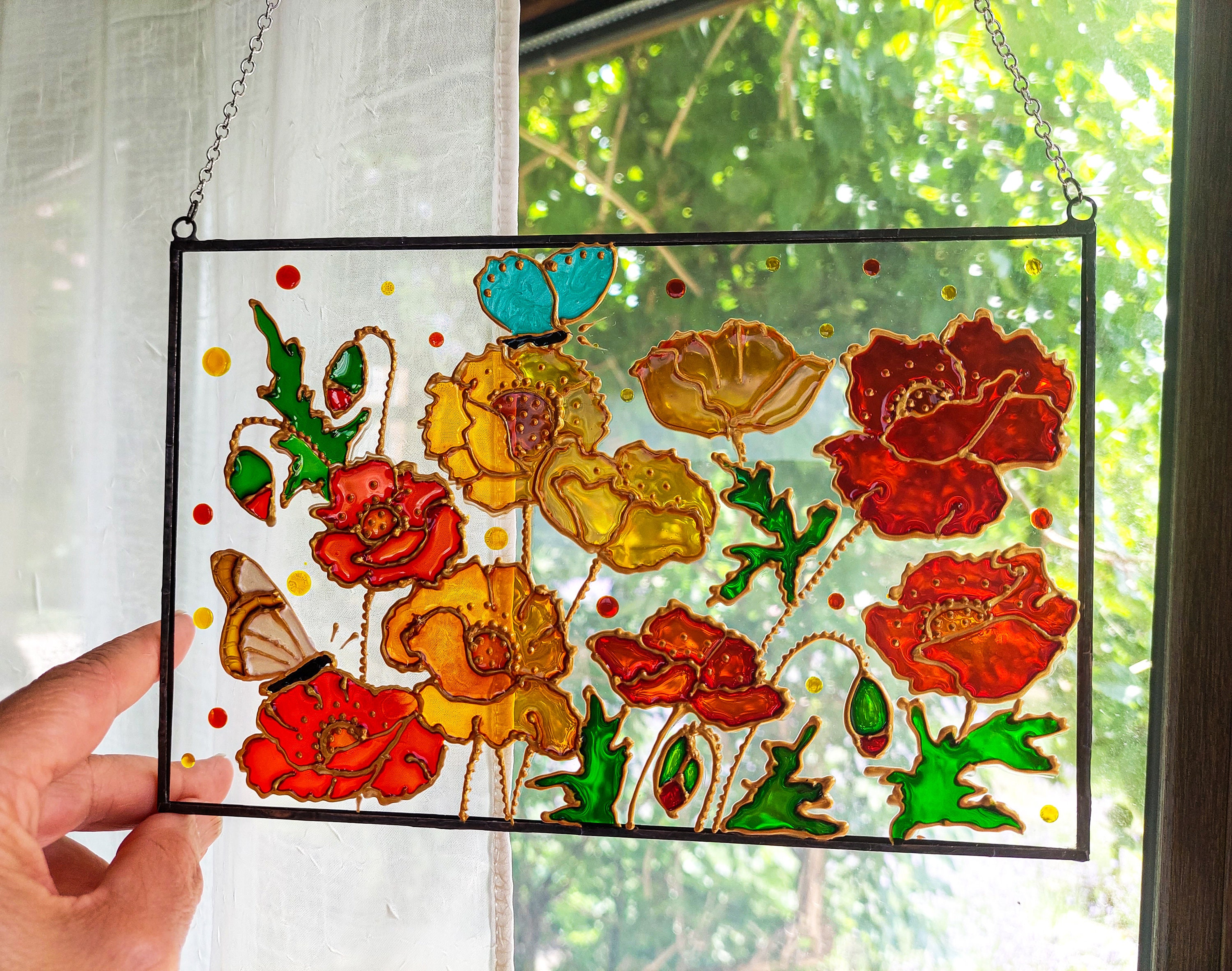 11x22 POPPY Floral Flowers Stained Art Glass Framed Suncatcher 