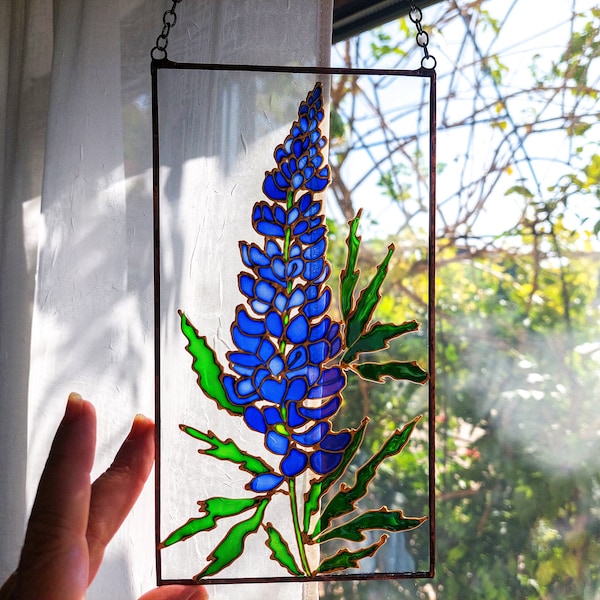 Texas Bluebonnet Hand Painted Stained Glass Sun Catcher. Flower Gift for Mom. Stained Glass Window Hanging. Lupine Love. Wedding Sun catcher