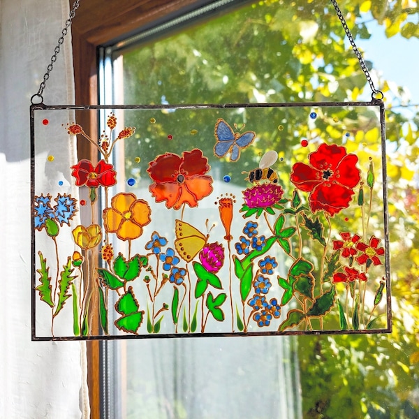 Flower Stained Glass Suncatcher, Hand Painted Floral Window Hanging, Botanical Glass Decor, Flower Suncatcher, Gift for Her, Window Decor
