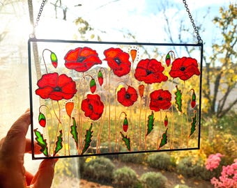 Red Poppy Stained Glass Suncatcher, Hand Painted Flower Window Hanging, Wildflower Decor, Gift for Her, Gift for Mom, Botanical Glass Art