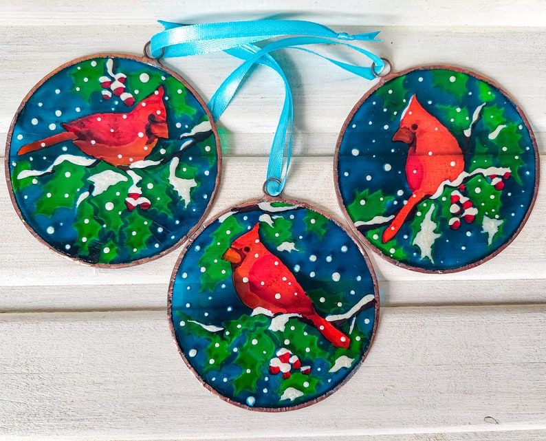 Unique Stained Glass Cardinal Sun catchers. Original Christmas Tree Decor. Personalized Christmas Ornament Set. Hand Painting Window Hanging SET