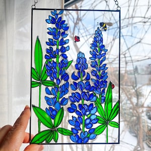 Texas Bluebonnet Stained Glass Suncatcher – Hand Painted Wildflower Window Hanging – Lupine Flower Gift – Texas Home Decor