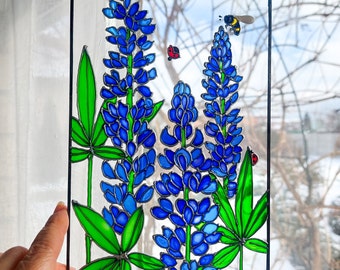 Texas Bluebonnet Stained Glass Window Hanging. Hand Painted Wildflowers Sun catcher. Lupine, Texas State Flower. Flower Sun catcher