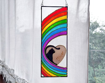 Personalized Pet Memorial Keepsake Forever in Our Hearts. Custom Cat Suncatcher. Dog Memorial. Hand Painted Stained Glass.