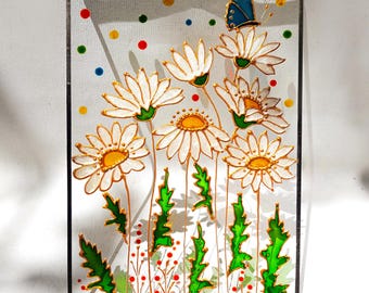 Daisy Stained Glass Suncatcher, Hand Painted Flower Window Hanging, Floral Glass Art, Wildflower Suncatcher, Daisy Home Decor