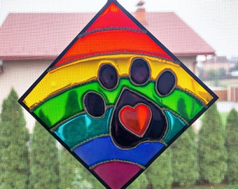 Custom Remember Paw Print Sun catcher. Rainbow Bridge Pet Memorial Keepsake. Personalized Hand Painted Sun catcher. Dog, Cat Sympathy gift