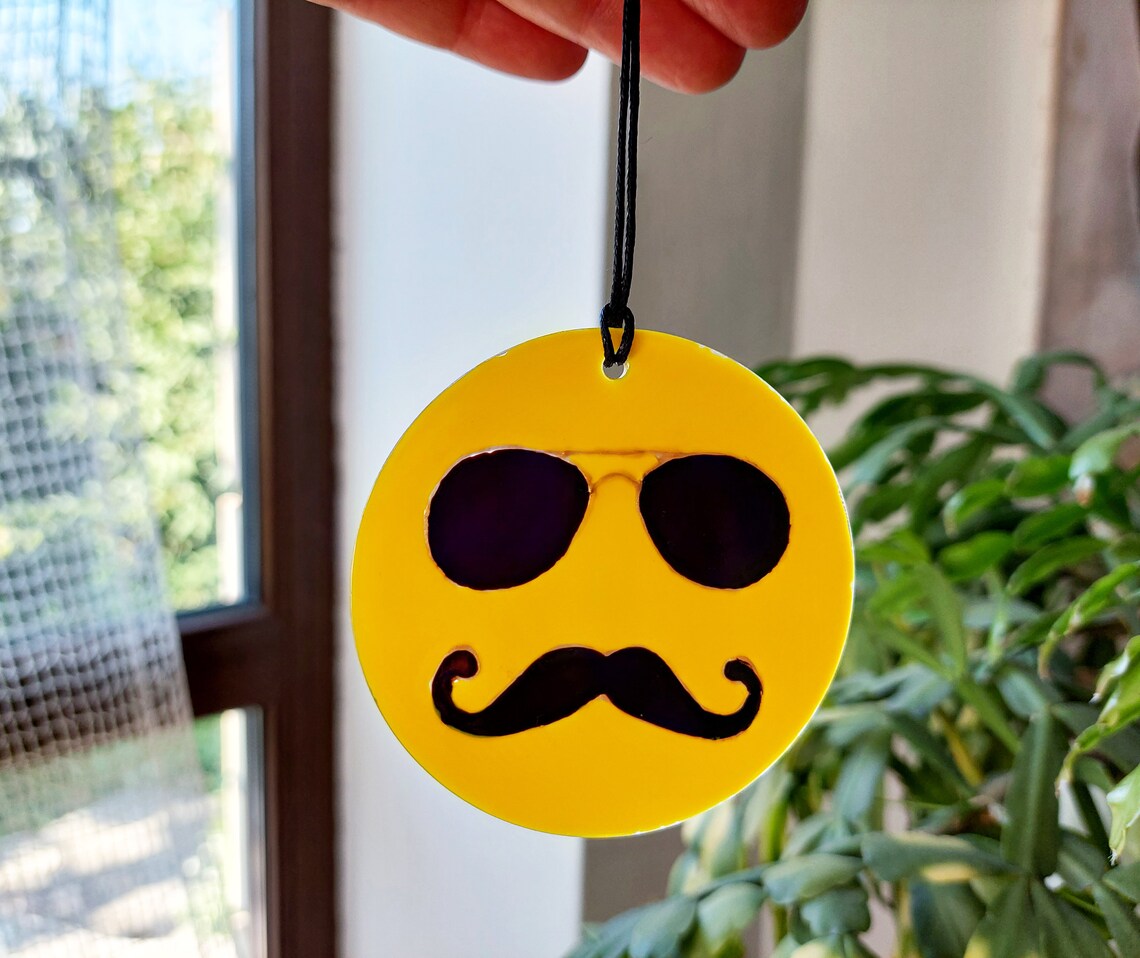 Emoji with a Mustache rear view mirror Suncatcher. Cool Etsy
