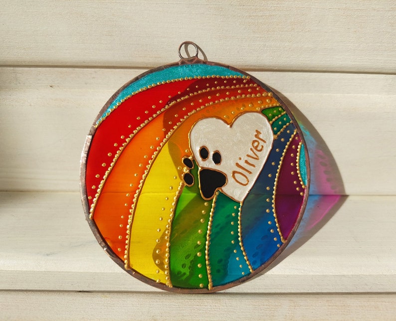 Rainbow Heart Paw Print Sun catcher. Hand Painted. Personalized Rainbow Bridge Pet memorial. Pet Loss Memorial Gift.