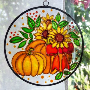 Pumpkin and Sunflower Sun catcher. Colorful Autumn Window Decor. Stained Glass Window Hanging. Hand-Painted Sun catcher. Gift for mom Bild 1