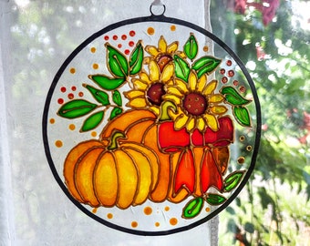 Pumpkin and Sunflower Sun catcher. Colorful Autumn Window Decor. Stained Glass Window Hanging. Hand-Painted Sun catcher. Gift for mom