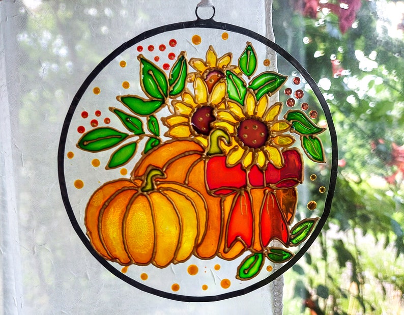 Pumpkin and Sunflower Sun catcher. Colorful Autumn Window Decor. Stained Glass Window Hanging. Hand-Painted Sun catcher. Gift for mom image 1