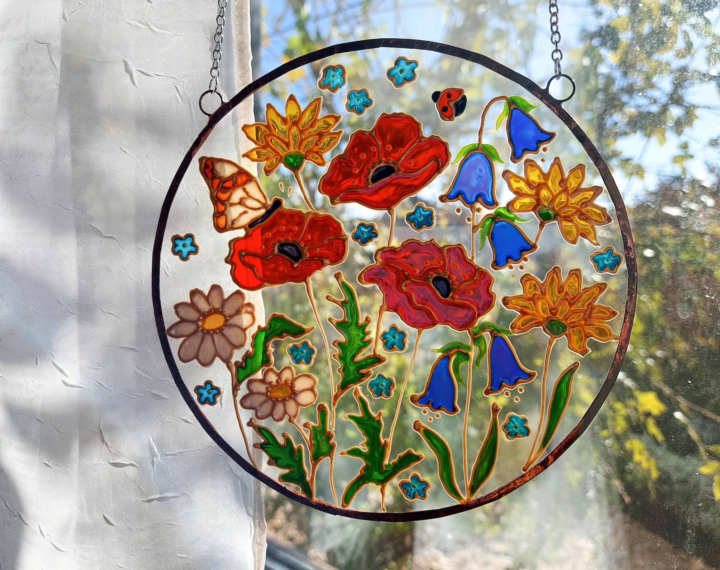 Wildflowers Sun Catcher. Hand Painted Stained Glass Window Hanging. Lupine,  Daisies, Clover Stained Glass Painting. Hand Painting on Glass 
