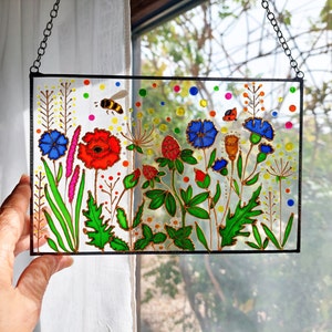 Flowers Stained Glass Window Hanging. Hand Painting Snapdragon Sun catcher, Poppies, Sunflowers Sun catchers. Colorful Sun catcher
