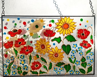 Wildflower Hand Painted Stained Glass. Flowers Sun catcher Sunflowers, Poppies, Forget-me-nots. Glass Hanging Window. Colorful sun catcher.